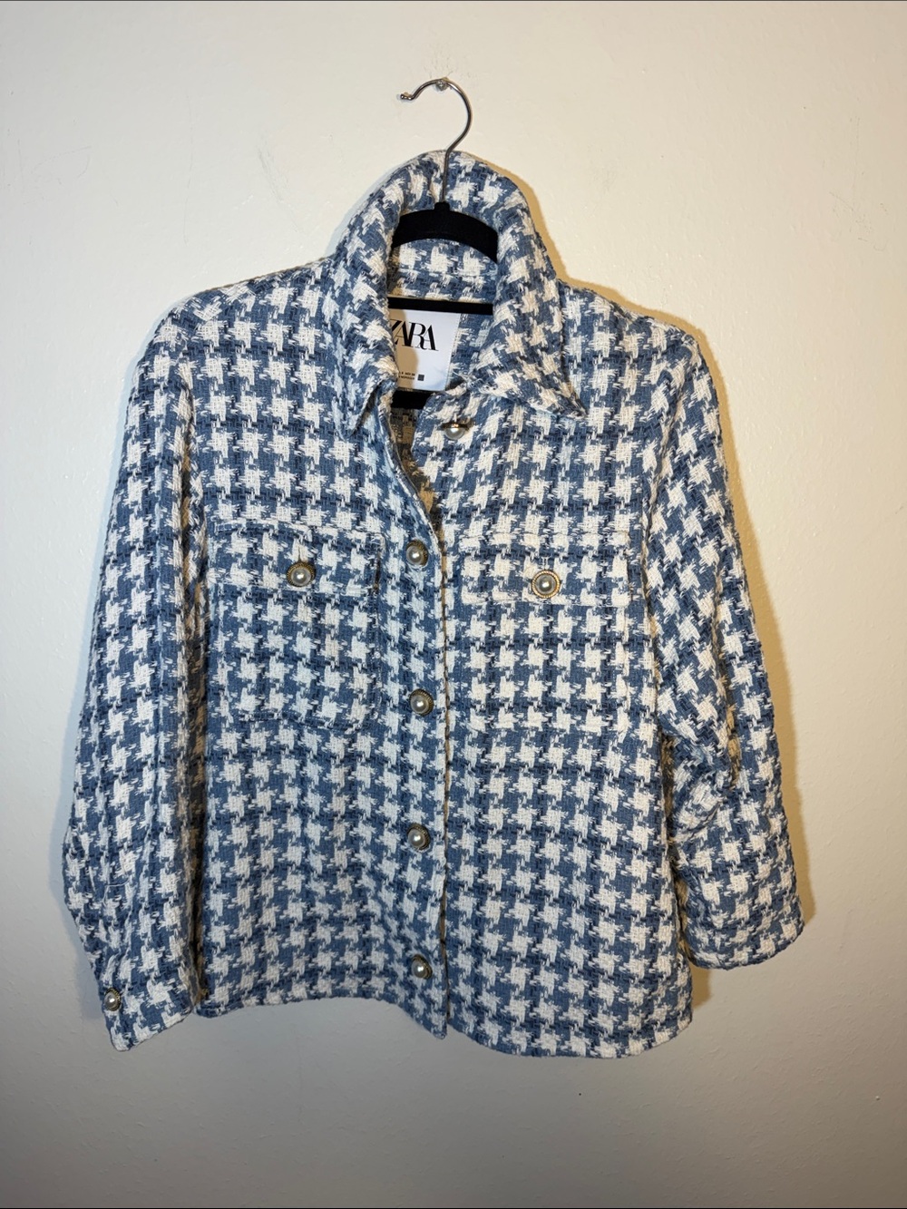 Zara Blue and White Houndstooth Tweed Blazer Jacket Shacket Pearl Buttons Small